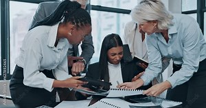 Stress, headache and employee multitasking with business people and frustrated with pressure, team and chaos with paperwork. Anxiety, mental health or worker overwhelmed by group or burnout in crisis
