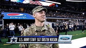 As part of Military Appreciation Month, Ford with their Greater Texas Ford Dealers provided a VIP Cowboys weekend for SSG Dustin Nixson from Ft Hood. SSG Nixson received a private VIP tour of Ford Center at The Star and was honored on-field at Monday’s Night’s game in AT&T Stadium. Thanks to our partners at North Texas Ford Dealers and Airbus Helicopters Inc. for providing a great experience! | Dallas Cowboys