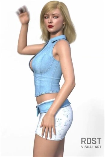 Stylish denim halter paired with a mini skirt model woman animated in 3D. #3dart #3danimation #cgi