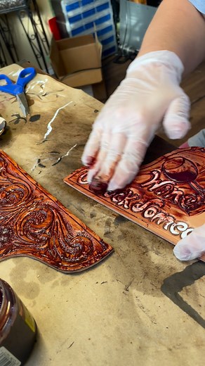 Leather Dye and Antique Step-By-Step 1. Make sure your project has dried completely. 24 hours minimum. Wet spots will make your dye work uneven. 2. Apply any dye you want to your project. We primarily use the “Pro Dye” line from Fiebings. You can find it and more of my essentials at the link in the comments 3. Apply leather paint to what ever areas you wish. I don’t dye the areas I plan to paint, but if I accidentally get dye in the wrong spot it’s easier to cover dye with paint than the opposit
