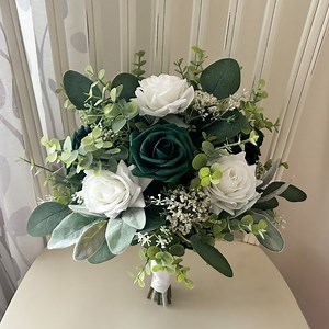 Boho Bridal Bouquet, Emerald Forest Green & White Roses With Greenery Wedding Bouquet, Eucalyptus Bridesmaids, Wrist Corsage, Boutonnière - Etsy