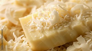 An upclose shot of a coconut milk soap bar highlighting the creamy texture and the flecks of shredded coconut embedded within.