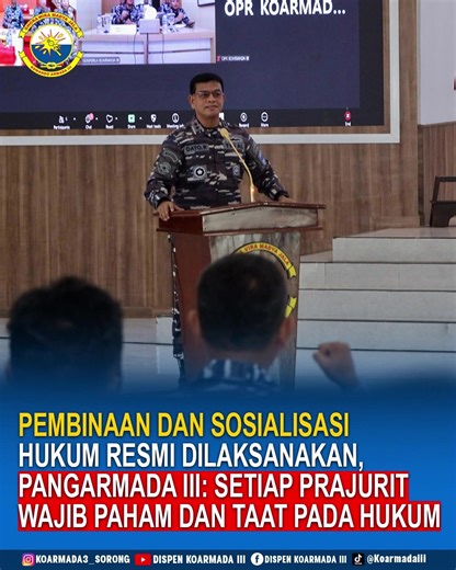 Pembinaan dan Sosialisasi Hukum Resmi Dilaksanakan, Pangarmada III: Setiap Prajurit Wajib Paham dan Taat Pada Hukum TNI AL/Armada III Katapop, 18 Februari 2026 — Dinas Hukum Armada III menggelar Pembinaan Hukum dan Sosialisasi Kitab Undang-Undang Hukum Pidana (KUHP), Undang-Undang TNI, Keankuman, serta Safety Riding yang dilaksanakan di Gedung Serba Guna Mas Pardi Mako Armada III, Katapop. Kegiatan tersebut dipimpin langsung oleh Panglima Armada III Laksamana Muda TNI Dato Rusman SN, serta diiku