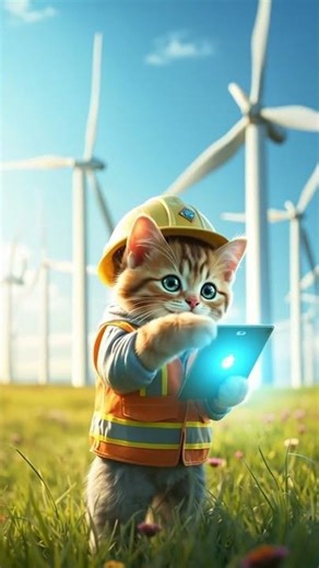 Kitten managing air turbines that he set up to work correctly