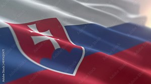 National country flag representing the people of Slovakia. Patriotic country flag symbol of the Slovak Republic. Fluttering the white blue red country flag with Slovakian coat of arms.