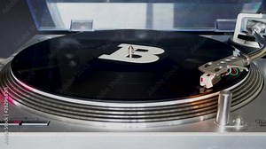 Close up, Modern Turntable With Rotating Vinyl Record, DJ Gear, Equipment, B-Side played. Starting player.