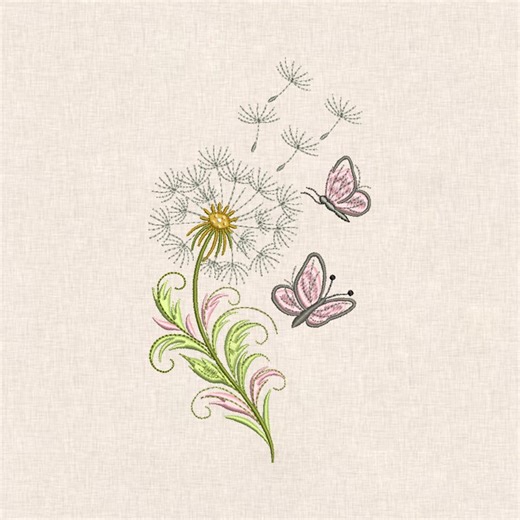 Dandelion Embroidery Design With Butterflies | Floral Machine Embroidery File | Wildflower Embroidery Pattern | Spring Embroidery Design - Etsy
