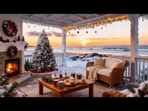 Christmas Beach Ambience🎄Relaxing Christmas Music with Crackling Fire & Ocean Waves for Study, Calm