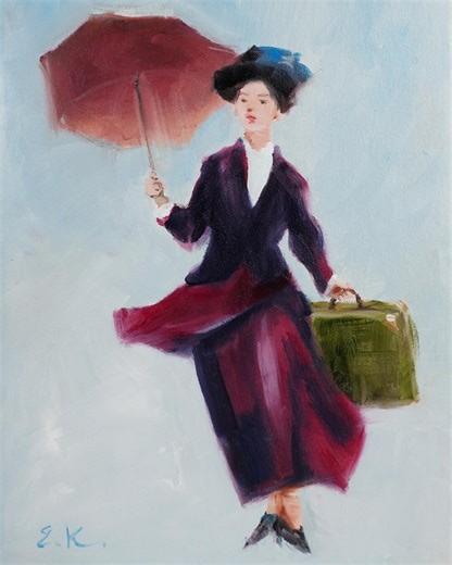 Mary Poppins Original Oil Painting, Literary Character Portrait, Storybook Wall Art