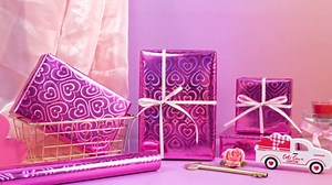 WRAPAHOLIC Heart Wrapping Paper Roll - Mini Roll - 17 Inch x 16.5 Feet - Hot Pink Heart Metallic Holographic Wrapping Paper for Valentines Day, Birthday, Wedding, Baby Shower, Bridal Shower