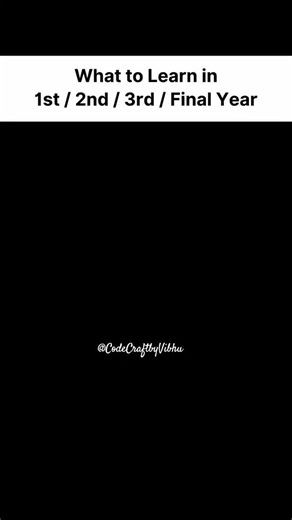 CodeCraftbyVibhu on Instagram: "Confused ho ki engineering ke har year me kya seekhna chahiye? 🤔 Ye roadmap follow karo aur apna future strong banao 🚀 1st Year ➝ Basics strong karo 2nd Year ➝ Skills build karo 3rd Year ➝ Projects & domain choose karo Final Year ➝ Placement ready bano 🎯 Save this for later 📌 Share with your friends 👯‍♂️ Follow for more student & tech guidance 💻✨ #btechlife #engineeringstudent #codinglife #programming #studentmotivation #techcareer #placementprep #coderlife 