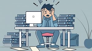 Overwhelmed Office Worker Cartoon Animation. Stressed employee with a lot of work to do and Documents. Productivity challenges, Workplace burnout Concept