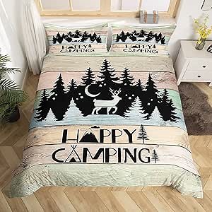 Camper Bedding For Kids Boys Girls,Happy Travel Camping Bedding Sets Twin Woodland Stars Moon Deer Duvet Cover,Rustic Farmhouse Old Barn Door Comforter Cover Pine Tree Wild Animal Quilt Cover 2 Pcs