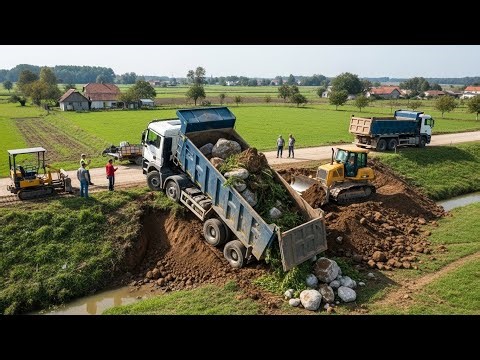 Dump Truck Unloading Giant Rocks Into Canal | Bulldozer Reinforcing Water Embankment