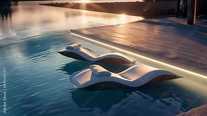 Embraced by the warm glow of sunset two floating lounge chairs create a dreamy escape in the calm waters of the pool. Stock Video