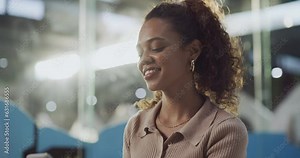 Woman, phone and smile portrait for communication, social media or mobile app with internet connection. Face of a happy female model with a smartphone while thinking an laughing for message or chat