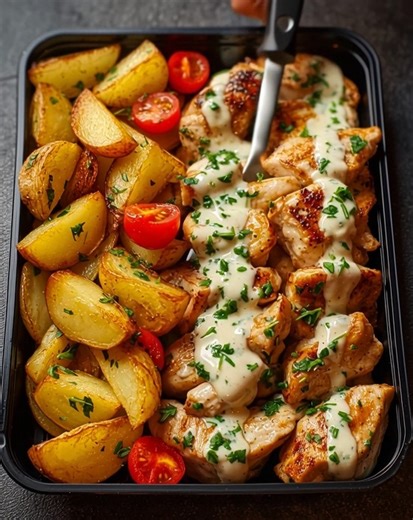 🥔🍗 Creamy Garlic Herb Chicken with Roasted Potatoes & Cherry Tomatoes – Easy & Delicious Weeknight Meal! Prep Time: 15 min Cook Time: 30 min Servings: 2 Calories per Serving: ~700 kcal 📝 Ingredients: For the roasted potatoes: 🥔 400 g baby potatoes, halved 🫒 1.5 tbsp olive oil 🌿 1 tsp dried oregano or parsley 🧂 Salt & black pepper to taste For the chicken: 🍗 2 chicken breasts or 300 g chicken breast fillets, cut into chunks 🫒 1 tbsp olive oil 🧄 1 garlic clove, minced 🧂 Salt & pepper Fo