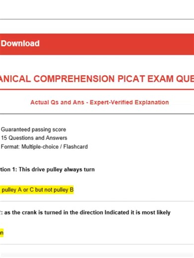MECHANICAL COMPREHENSION PICAT 2026 ⚙️🚀 15 Practice Questions & Answers Expert Explanations 💯🔥 Preparing for the PICAT Mechanical Comprehension section in 2026? 🎯🔧 This focused practice set includes 15 realistic exam-style questions with clear, step-by-step expert explanations to help you understand mechanical concepts and improve your score with confidence! 🧠✨ Mechanical Comprehension is important for many technical and hands-on military careers. This 2026 updated resource helps you maste