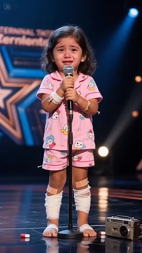 This is a sight you won't forget. A 6-year-old, bandaged and crying, stood on stage and transformed her pain into a song so touching, it left judges and the audience in tears. Full video in the comments. | Click & Cackle