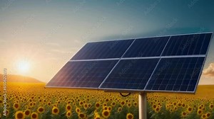 A solar panel stands prominently in a vast sunflower field during sunset, symbolizing renewable energy. The serene and vibrant scene showcases sustainable technology in nature.