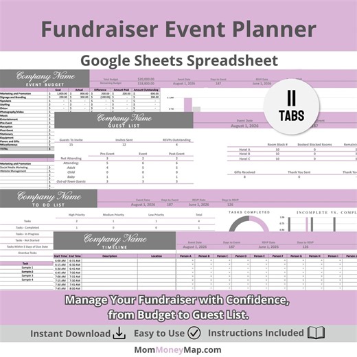 Fundraiser Event Planner Google Sheets Spreadsheet in Purple, Charity Planning Tool,fundraising Tracker,budget & Donation Organizer Template - Etsy