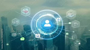 This captivating video visualizes the social network concept intertwined with blockchain architecture within a metaverse. The animation illustrates big data, viral videos, advertising