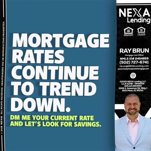 Mortgage rates are continuing to trend down 📉 If you’re curious about potential savings, text me your current rate and let’s see what options might be available for you. 📲 Text: (502) 727-6741 👤 Ray Brun, Mortgage Loan Officer 🏡 NEXA Lending | NMLS ID #2454855 No pressure—just a quick look to see if keeping more money in your pocket makes sense!! #mortgage #rates #mlo #realestate