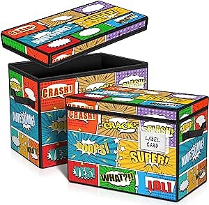 Leffis 2 Pack Comic Book Storage, Comic Book Box Foldable Comic Short Box with Pattern, Comic Book Bin with Fully Enclosed Lid and Label Slot, 13.8" X 7.5" X 9.6" Holds 150 Comics