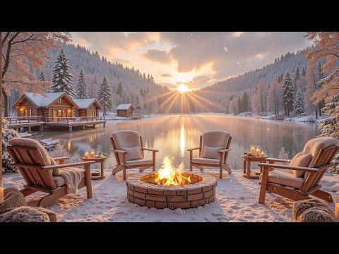Snowfall Piano Music on the Winter Riverbank ❄️ Crackling Fire, Cozy Chairs & Winter Ambience