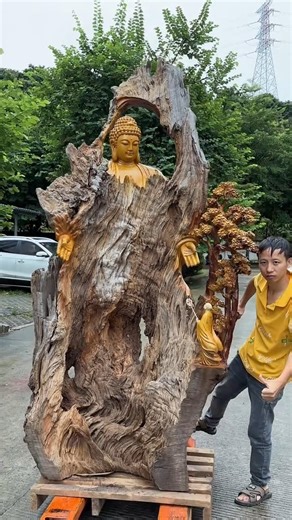 🌳✨ Buddha Awakens from the Tree 🌲 #statue #art #woodworking #wood craft#buddha #vishuart #trending