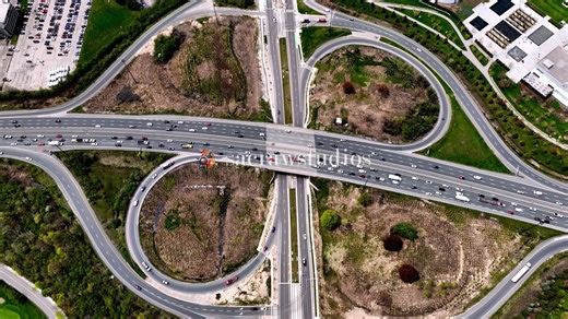 Aerial View of Busy Highway Interchange with Cloverleaf Ramps