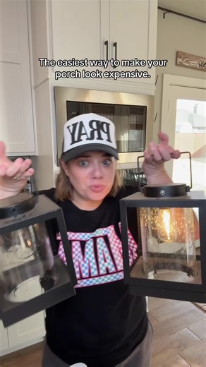 These glass indoor-outdoor lanterns come as a set of two and they instantly make a space feel cozy, warm, and styled without doing much at all. @QVC, Inc #lanterns #porchdecor