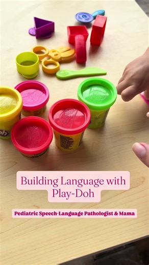 Play-Doh is a great activity to promote language development with your child! You can set up scenarios for your child to: 🟣 Request for you to open the lid 🟣 Ask you to help get the Play-Doh out of the container 🟣 Describe different actions like rolling, cutting, squishing 🟣 Talk about what you’re creating Want more simple, play-based language tips? Follow @slpmama_ for easy ways to boost your child’s communication skills at home! #speechandlanguage #languagebuilding #playbasedlearning #todd