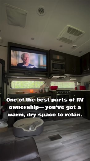 Rainy day at the campground? That’s the beauty of RV ownership—no packing up, no rushing home. Just head inside for hot coffee, a dry space, Netflix on the screen, and the dog curled up by my side. Owning an RV means the adventure doesn’t stop when the weather turns. It just gets cozier. - #Rvtrip #Lol #rvmusthaves | RV Camping