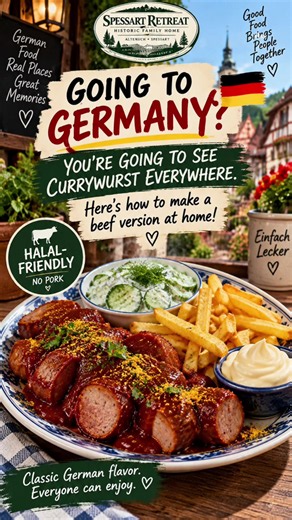 🇩🇪 Homemade Beef Currywurst — Halal-Friendly, No Pork Currywurst is one of Germany’s best-known street foods: browned sausage covered in a savory, slightly sweet and tangy tomato-curry sauce, then finished with curry powder. Our version uses beef bratwurst for a pork-free twist. Ingredients — Serves 4 • 4 beef bratwursts • 1 cup ketchup • 2 tbsp tomato paste • 1 tbsp vinegar • 1–2 tbsp brown sugar • 1–2 tbsp curry powder, plus extra for serving • 1 tsp paprika • 1 tsp halal-certified Worcester