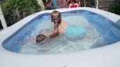 Backyard Water Fun Cute Little Kids Playing in Swimming Pool Slow...