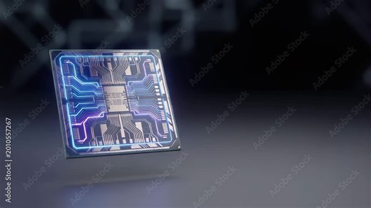Macro panning shot of a modern glowing microchip on a dark minimalist background, high tech computer processor concept, 4K.