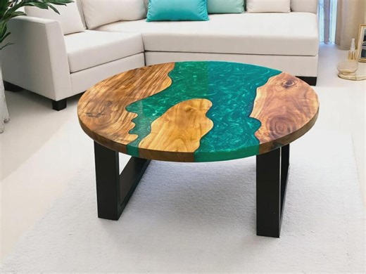 Round Acacia Wood Epoxy River Coffee Table Top | Turquoise Resin Art Live Edge | (customisable) - Etsy