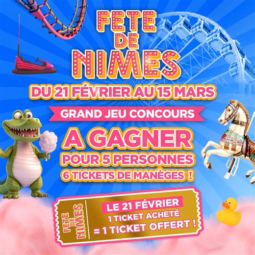 🎡 Jeu Concours Fête Foraine de Nîmes !🎡 Pour célébrer le début de la fête foraine Samedi 21 Février avec la journée 1 ticket acheté = 1 ticket offert , nous offrons à 5 chanceux des places de manèges! 🎠✨ Comment participer : 1.Abonnez vous à la page 2. Identifiez un maximum d'amis en commentaires sous ce post. 3. Partagez cette publication sur votre profil. Les résultats seront annoncés sur notre page le 21 février ⚠️ Important : Nous ne vous demanderons JAMAIS vos coordonnées bancaires. Fait