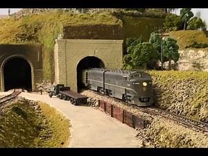HO Scale PRR Proto1000 C Liners haul a 100 car freight on my layout