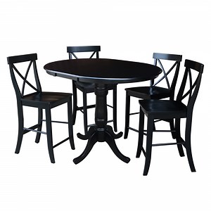 36" Round Counter Height Table with 12" Leaf and 4 X-back Stools - Black - 5 Piece set