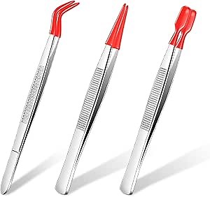 Honoson 3 Pieces Rubber Tipped Tweezers for Crafting Set - PVC Coated Flat, Straight & Bent Tips Stamps, Beads, Jewelry(Red)