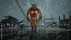 A cinematic werewolf animation breakdown showcasing various motion tests in a rainy, industrial environment. This thumbnail compilation captures creature movements and rigging tests for use in video g Stock Video