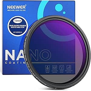 NEEWER 72mm True Colors Hard Stop Variable ND Filter ND2-32 (1-5 Stops) Limited Neutral Density Filter, Multi Coated HD Optical Glass/No X Cross/Aluminum Frame/Water/Scratch/Fingerprint Resistant