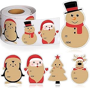 Yexiya 500 Pcs Christmas Kraft Tag Stickers Cute Snowman Designed Stickers with to and from Name Labels for Christmas Gift Wrapping, Self Adhesive Holiday Label Roll(Cute Style)