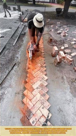 Skilled Worker Cutting Brick Pavement with Power Saw for Straight Edge Alignment