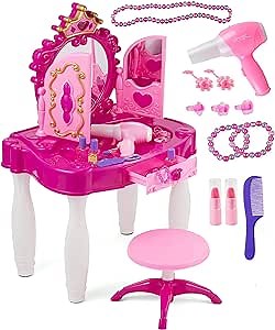 Prextex Kids Makeup Table with Mirror and Chair, Princess Play Set, Kids Makeup Vanity Table with Make-Up Accessories and Light and Musical Sound Effects for Toddler Girls