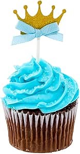 Restaurantware Top Cake Inch Crown Cupcake Toppers 100 Glitter Crown Cupcake Picks - Blue Bow For Birthday Parties Or Baby Showers Gold Paper Crown Cake Decorations Royal Prince Theme Decorations
