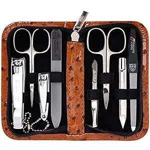 3 Swords Germany - brand quality 8 piece manicure pedicure grooming kit set synthetic leather case ostrich cognac - Made in Germany