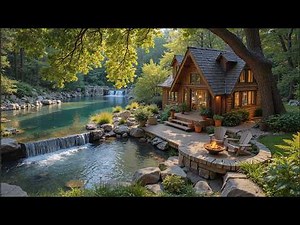 The Most Soothing Piano Music Riverside Porch & Waterfall 🌿 Campfire & Birds Songs Ambience
